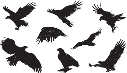 Obraz premium Flock of black birds flying in formation against white background minimalist silhouette nature wildlife motion 