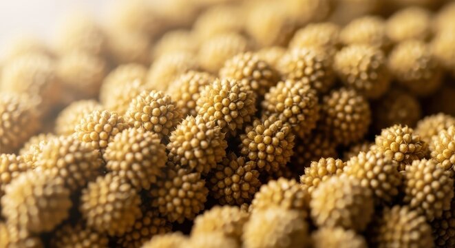 Dried seed heads of mature millet clustered together, showing the rich texture and readiness for traditional harvesting and drying processes, nutrition, farm, Agriculture