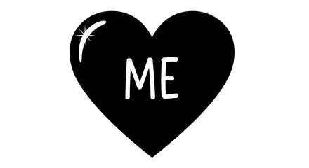 Black heart graphic with white "ME" text inside, white background, a highlight