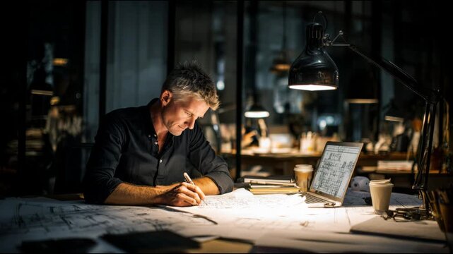 Focused mature architect working on a building project in his office during the late hours