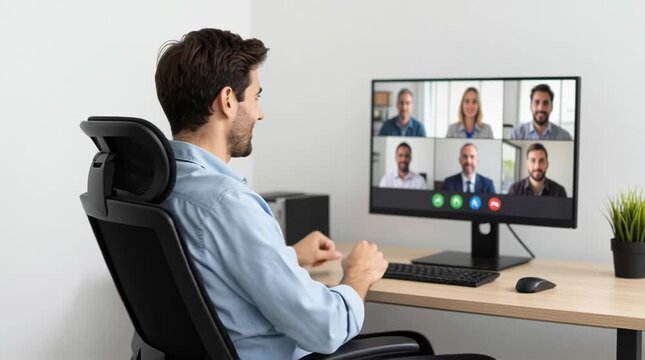 Young man participates in video conference call at home office using computer monitor for remote work meeting collaboration online