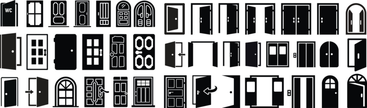 Door icons big set. Open door icons. Open, close and ajar door, login, logout, register, password, vip entrance, key, lock, exit and more. Editable stroke. Vector illustration.
