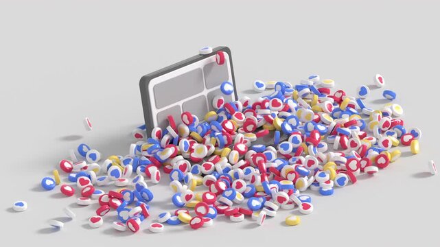 Laptop spilling colorful heart and like icons, symbolizing viral content, social media engagement, online popularity, and digital interaction growth. 3D render animation