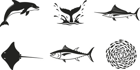 Marine animals silhouette vector set, dolphin whale marlin tuna stingray icons, ocean wildlife collection, sea life illustration © Rabbi Creative