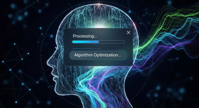 algorithm optimization processing bar on human brain with neon circuit lines for technology or AI concept, overlay effect for website or presentation