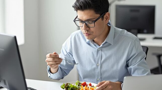 Young professional man eating healthy salad with fork at office desk while working on laptop computer for lunch break