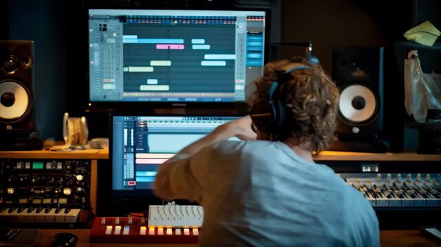 Learner focused on digital audio workstation screen with blurred background of studio equipment during beatmaking session in music production lab.