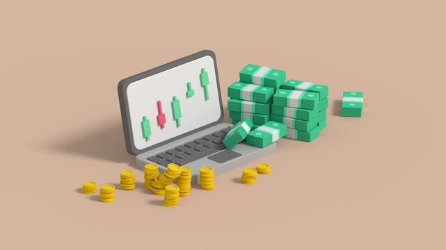 A stylized illustration of a laptop displaying a candlestick chart, surrounded by stacks of cash and coins, symbolizing investment returns, financial growth, and wealth management. 3D render animation