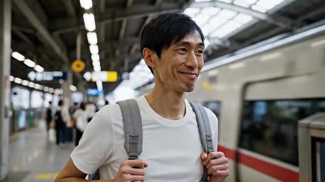 Young Man Waiting and Smiling at Train Station.