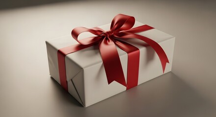 Obraz premium White rectangular gift box with red ribbon on a gray surface