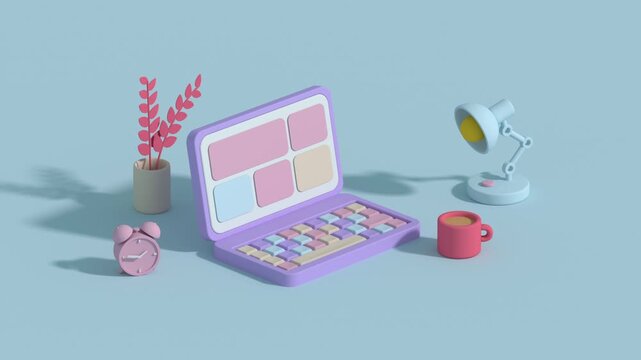 Minimal Stylized Pastel Home Office Workspace with Laptop, representing remote work, productivity, and modern digital lifestyle. 3D render animation