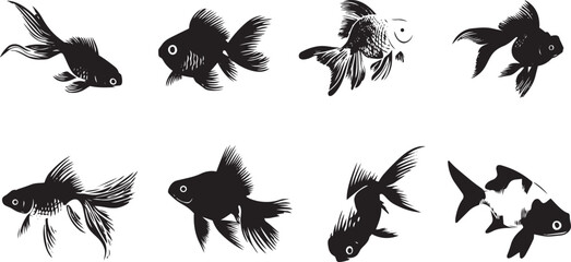 Obraz premium Black and white flying betta fish vector silhouettes in dynamic motion isolated on white background 