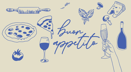 Italian food doodles with Buon Appetito calligraphy featuring pizza, wine, cheese, and rolling pin hand-drawn in blue ink.
