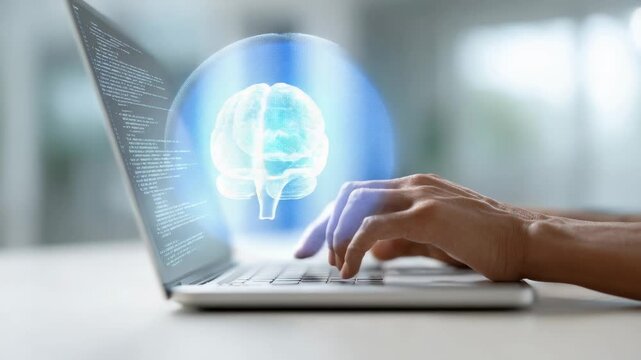 Skilled software engineer developing advanced artificial intelligence algorithms, analyzing complex data through innovative coding with holographic brain visualization on laptop screen
