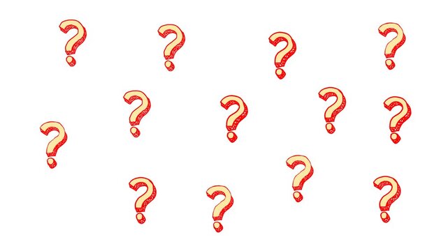 Hand-drawn, multiple, question, marks, animation, red, outline, yellow, fill, white, background, FAQ, help, support, search, curiosity, thinking, motion, graphic, storytelling.
