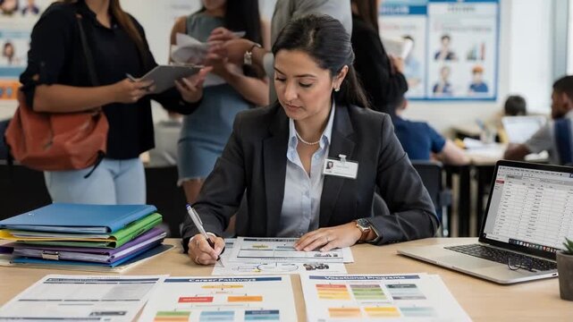 Medium shot of a career education administrator reviewing vocational pathway plans with blurred classroom in background highlighting curriculum coordination