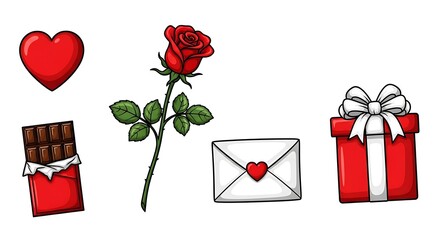 Cartoon illustration featuring a red heart, rose, chocolate, envelope, and gift