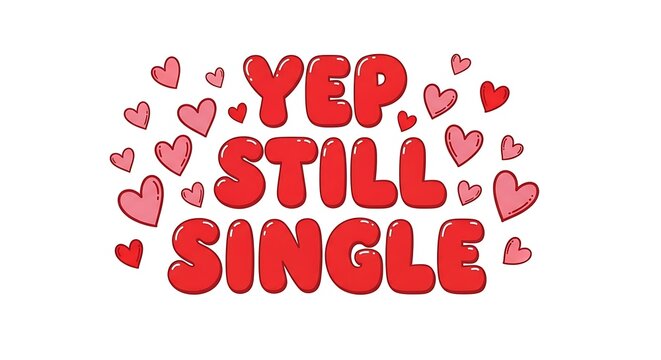 Cartoon image states "Yep, Still Single" with surrounding pink and red hearts