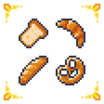 A set of pixel art icons of a basic Set of pixel art icons of baked goods and flour products. 16x16 pixels.