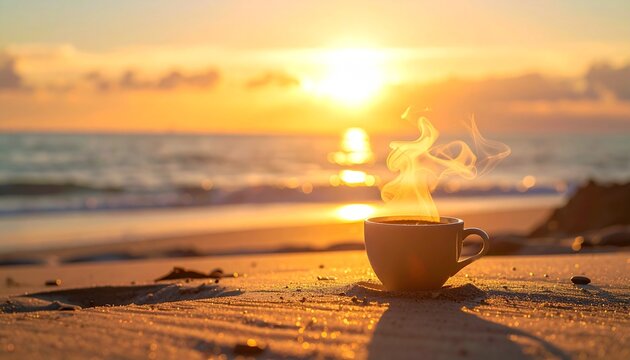 Una taza de caf&eacute; humeante reposa en la arena frente a un atardecer dorado sobre el oc&eacute;ano, creando un momento de paz y calidez.