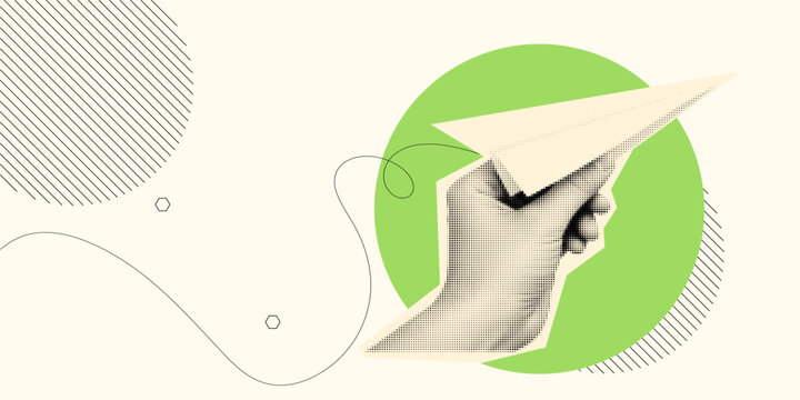 Halftone pop art vector close up of hand launching paper airplane with dotted flight path and green circular background uplifting mood