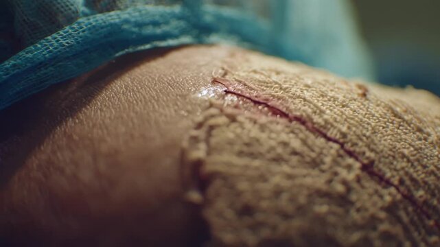 Medium shot capturing nurse inspecting a healing surgical incision skin texture and stitches clear while the surrounding environment is softly blurred.