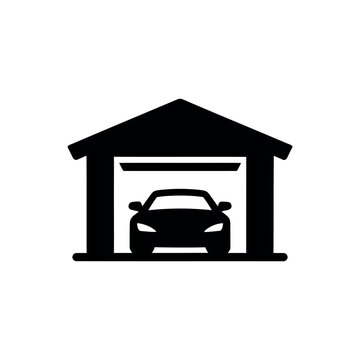 Simple black and white icon depicting a car inside a garage
