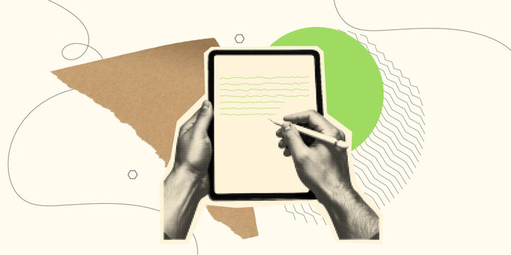Halftone collage vector close up of hands writing on tablet with stylus top down view textured paper shapes soft green accent minimal