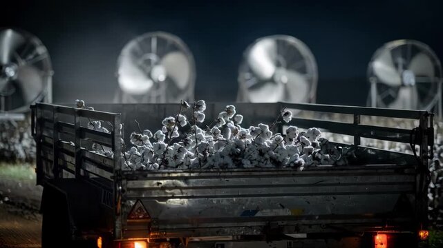 Focused medium shot of a trailer gently collecting cotton stems framed by blurred trash fans operating quietly in the dim calm night air.