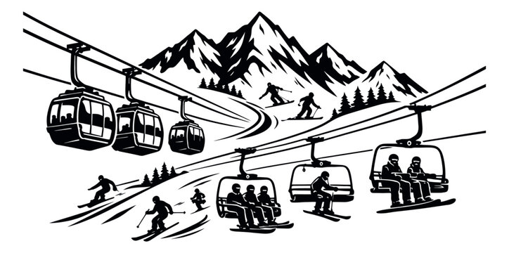 Line art illustration of a ski resort scene depicting skiers and ski lifts on snowy mountains for winter sports and recreation