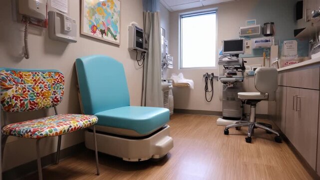 Medium shot of a pediatric podiatry exam room featuring a small seating area in the foreground with diagnostic instruments visually subdued in the background.