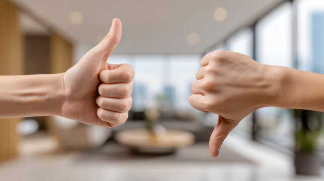 Hands show thumbs up and thumbs down in a modern office space