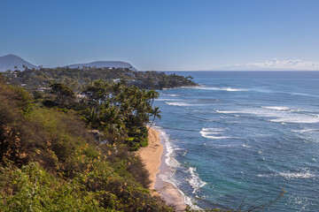 Fototapeta premium Scenic coastal view of Diamond Head Beach in Oahu, Hawaii, featuring turquoise ocean waves, sandy shoreline, tropical vegetation, and dramatic volcanic coastline under a clear blue sky.