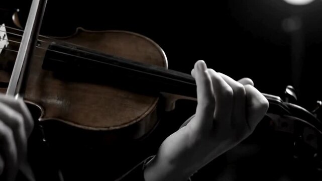 A violinist's focused hands gracefully draw the bow across the strings of a classical violin, creating a symphony of sound. The image captures the precision, emotion, and artistry of a musician.