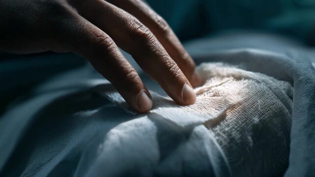 Medium shot of a patients hand gently cleaning a fresh abdominal surgery wound with sterile gauze soft lighting highlighting delicate home care routines.