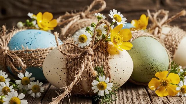 Several speckled Easter eggs wrapped in jute twine and adorned with daisies and buttercups. The rustic wooden background creates a natural spring mood. Ideal for holiday greeting cards.