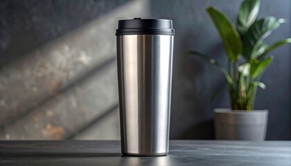 Stainless Steel Travel Tumbler with Black Lid on a Dark Surface with Plant beverage