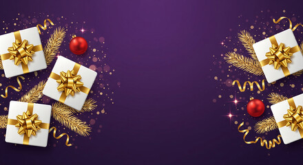 Naklejka premium Purple christmas background with gift boxes and pine cones perfect for holiday season banners and celebration concept designs displaying