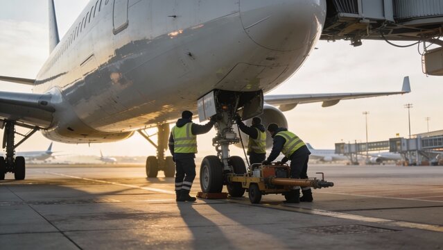 Airport ground crew service jet landing gear at sunrise, safety vests and tow equipment on tarmac, aviation maintenance workflow, travel season operations