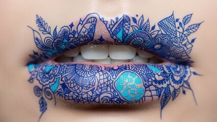 Fototapeta premium Close up of woman's mouth with intricate blue and turquoise mandala lip art