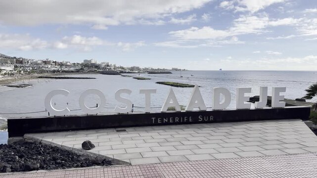 Costa Adeje Sign by Beach and Ocean in Tenerife Winter