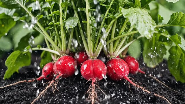Fresh radishes grow in fertile soil. Water drops nourish the vibrant red root vegetables. Organic gardening and healthy food.