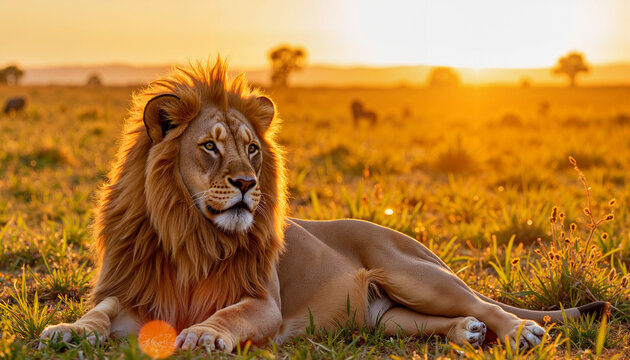Majestic lion resting in savannah grass at sunset, wildlife conservation