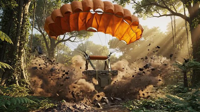 Parachute delivers military cargo crate to a lush jungle. It lands, kicking up dirt and dust in the sunlight. Emergency supply drop.
