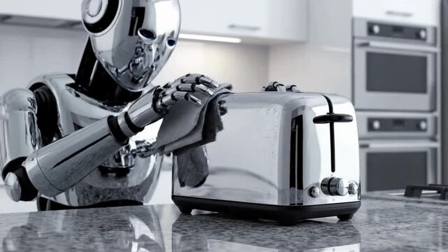 A futuristic robot diligently cleaning a toaster in a modern kitchen, highlighting the intersection of advanced technology and domestic life. 