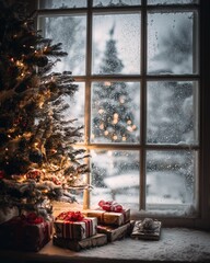 A warm and inviting holiday scene featuring a decorated Christmas tree and wrapped gifts sitting on a windowsill. Outside, soft snow falls against a frosted glass window under a dim winter light