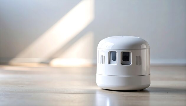 White cylindrical robot with camera and sensors on a wooden floor technology device