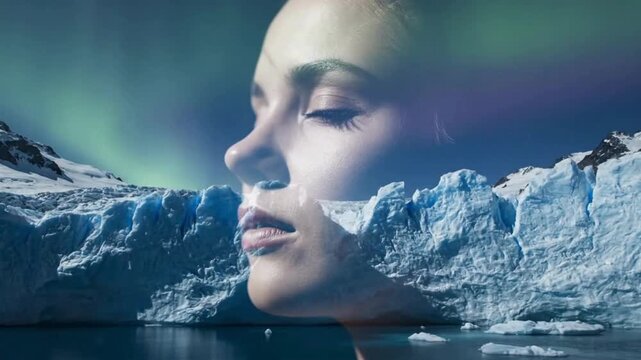 A surreal juxtaposition of a serene woman's face superimposed upon a glacial landscape, merging natural beauty with human emotion.