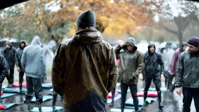 In cold rainy conditions bootcamp trainer in winter gear motivates attendees under a canopy with folded exercise mats and blurred trees beyond.