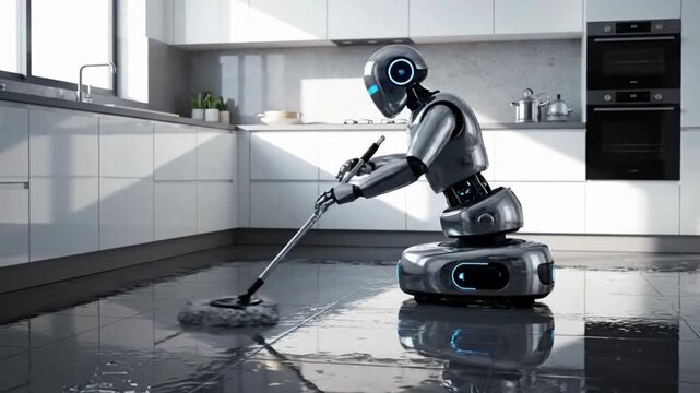 A sleek, modern robot diligently mops a pristine kitchen floor, showcasing the cutting-edge potential of robotics in domestic tasks. 